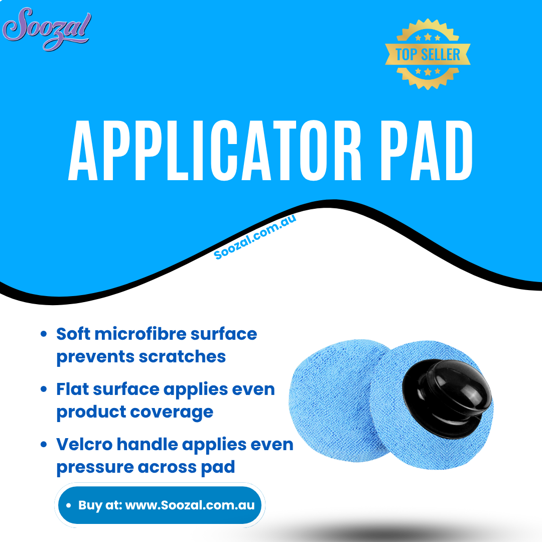 Applicator pad with blue microfiber surface and black handle on a blue and white background, featuring Soozal branding.