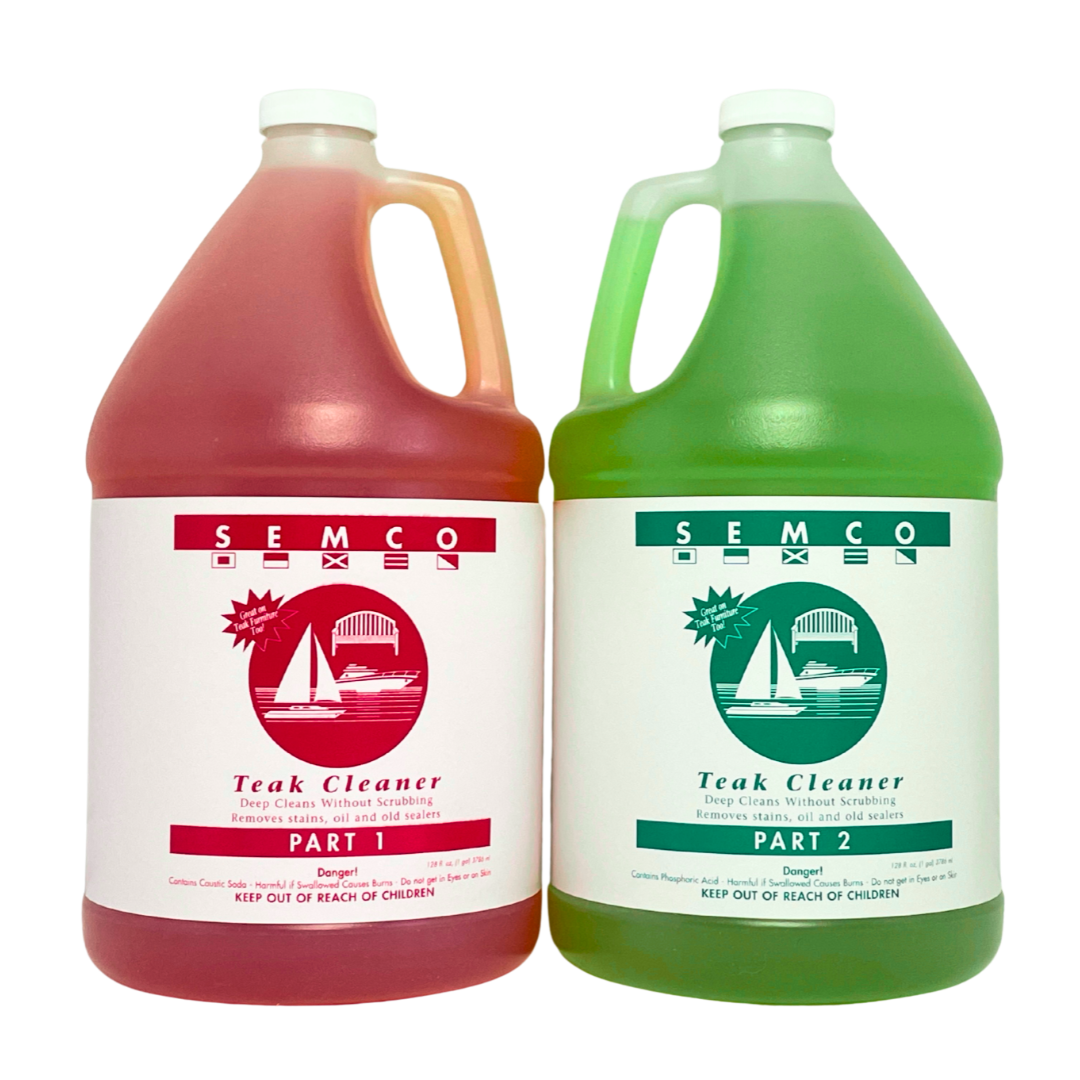 The front of two bottles of SEMCO 2-part Teak Cleaner, one red and one green, on a transparent background.