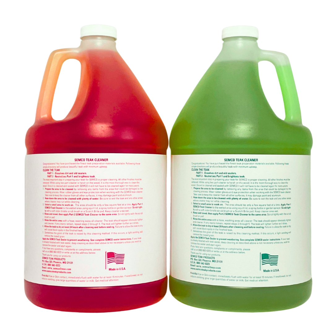 The back of two bottles of SEMCO 2-part Teak Cleaner, one red and one green, on a transparent background.