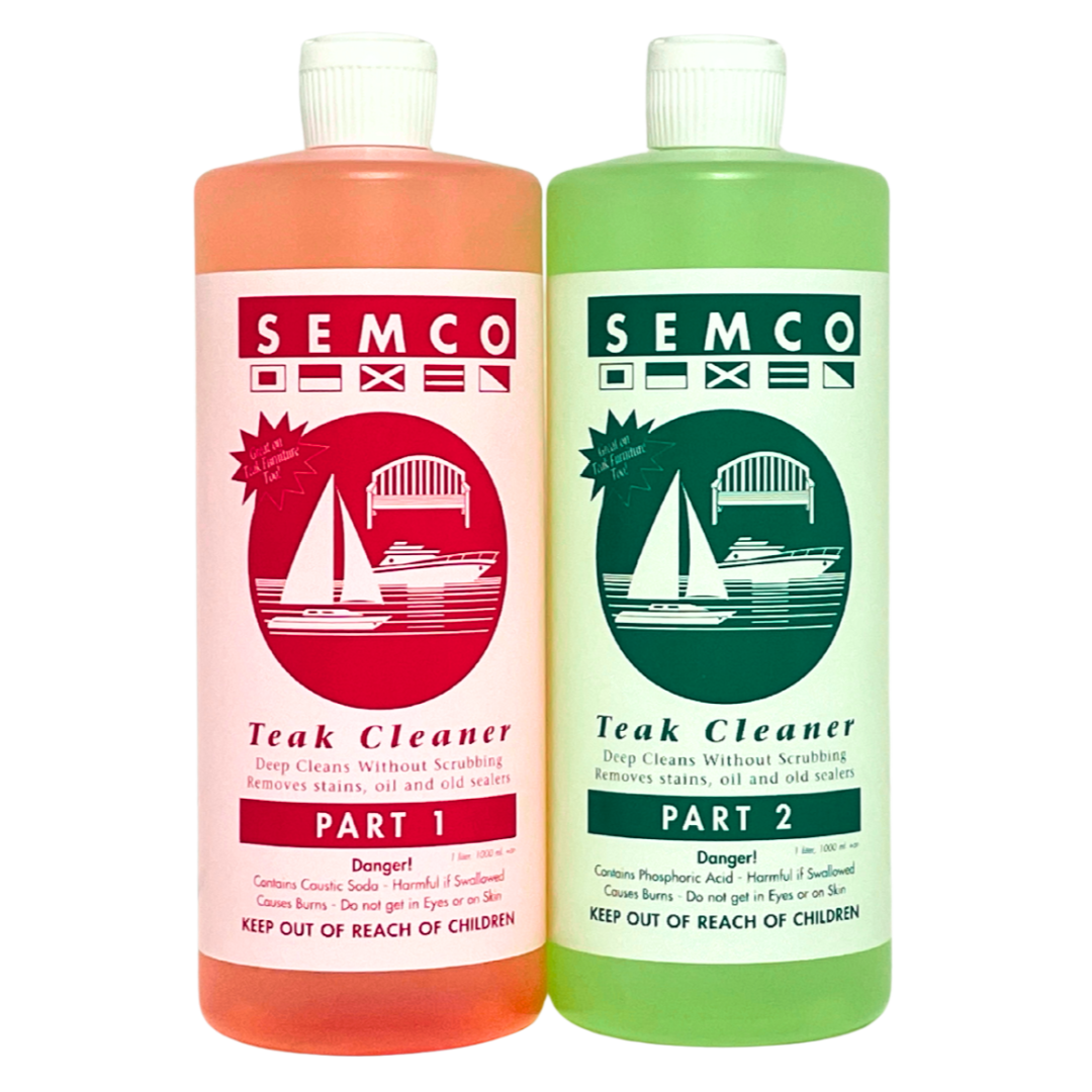 The front of two bottles of SEMCO 2-part Teak Cleaner, one red and one green, on a transparent background.