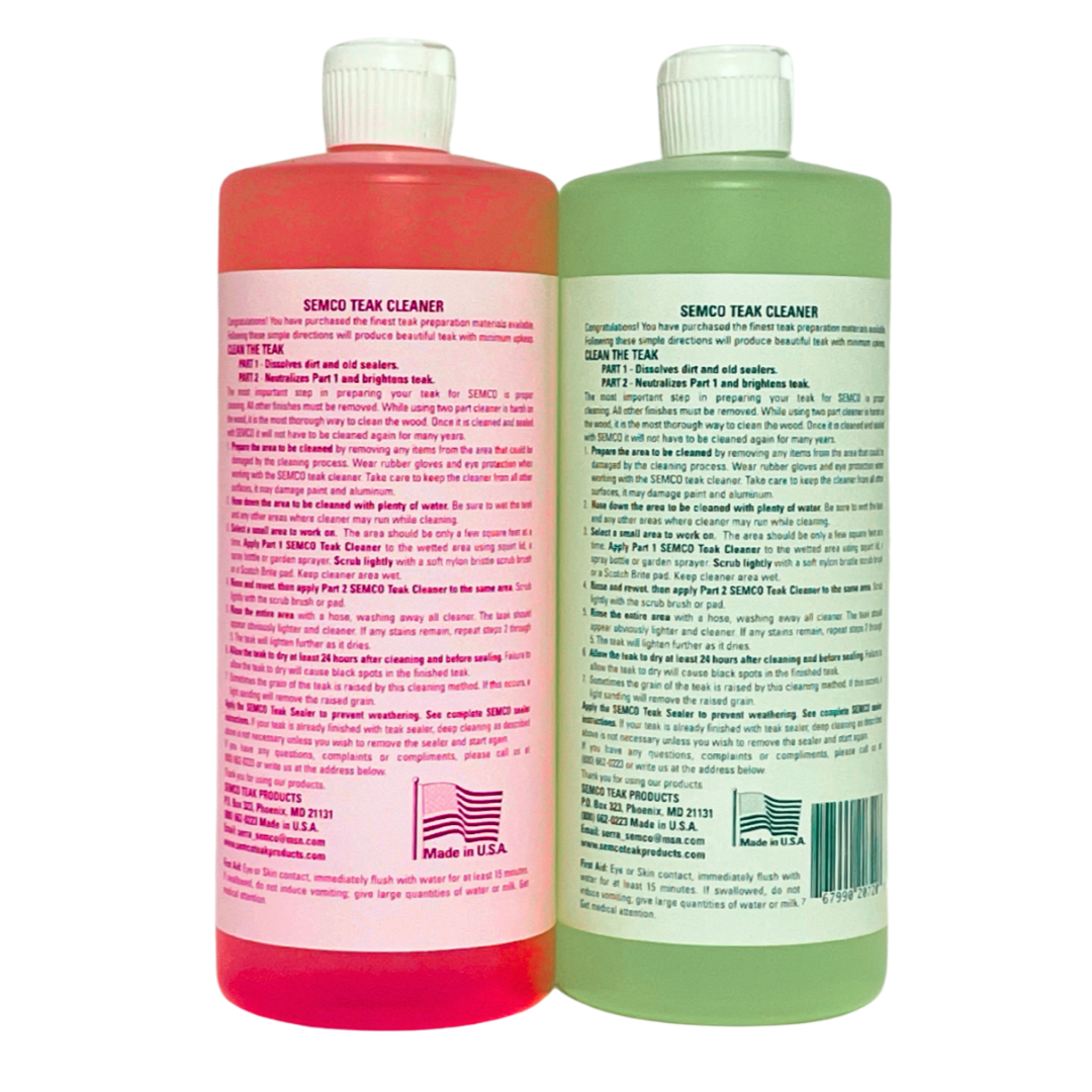 The back of two bottles of SEMCO 2-part Teak Cleaner, one red and one green, on a transparent background.