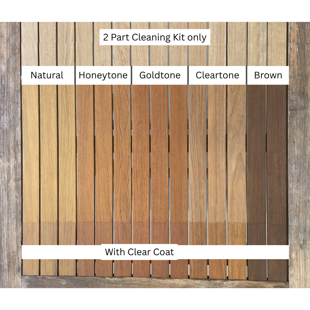 Wooden slats with different color treatments labeled 'Semco 2 Part Cleaning Kit only', each of the Semco shades and 'With Clear Coat' demonstrating the product range